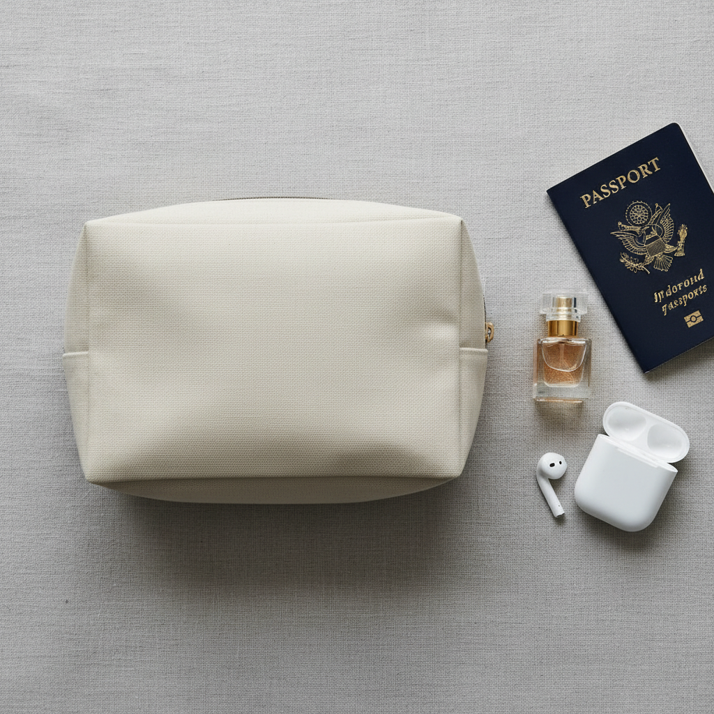 Flat lay of minimalist travel toiletry bag with travel accessories