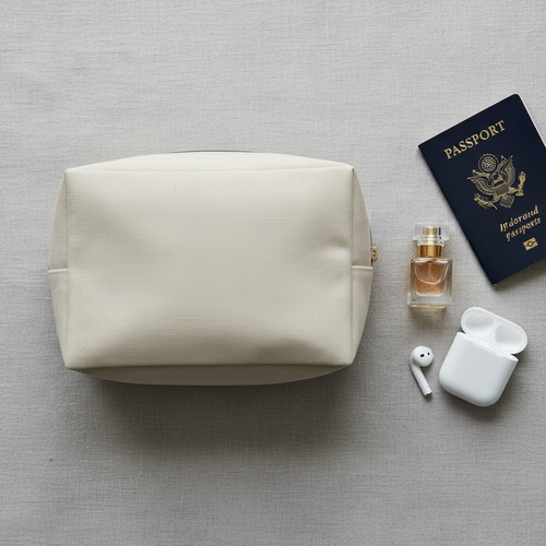 Flat lay of minimalist travel toiletry bag with travel accessories