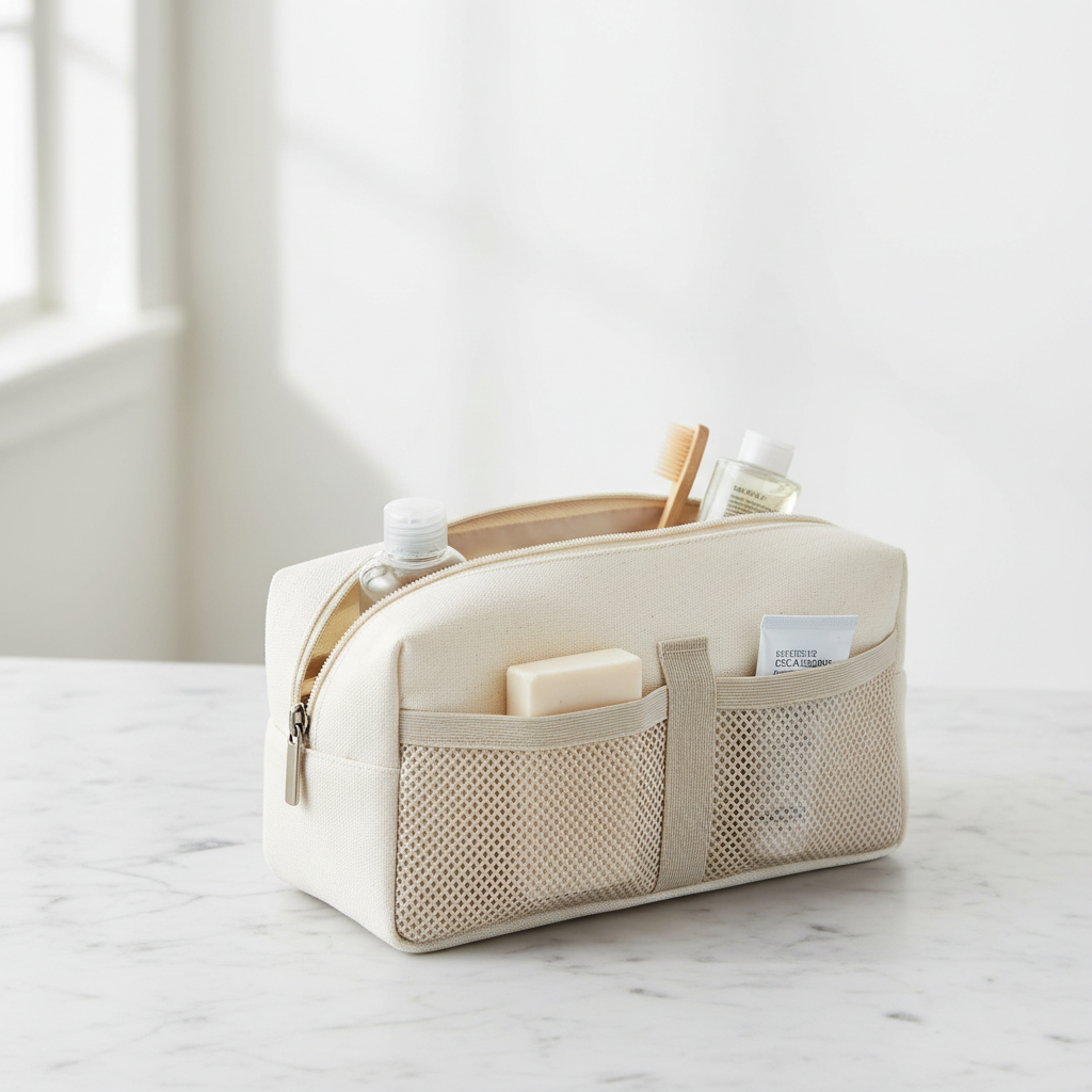 Minimalist travel toiletry bag on marble surface