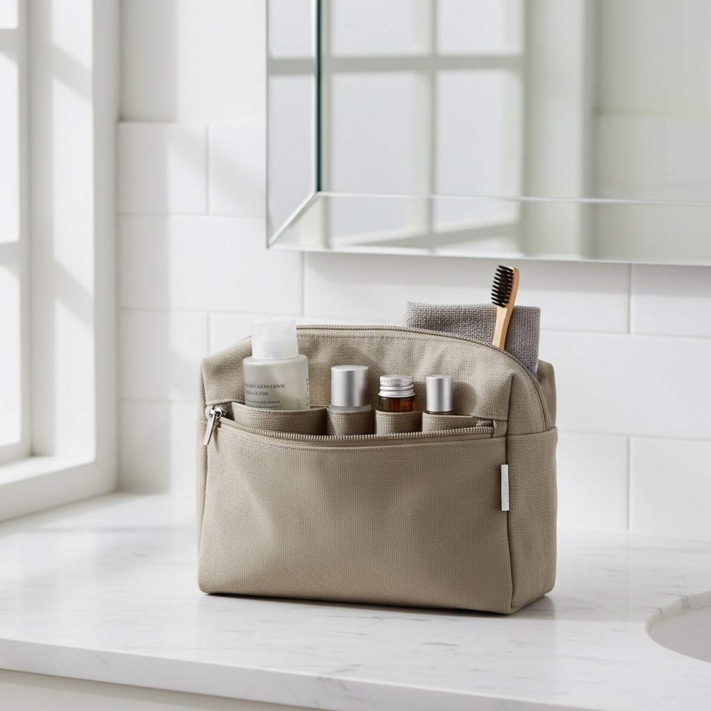 Minimalist travel toiletry bag on bathroom countertop
