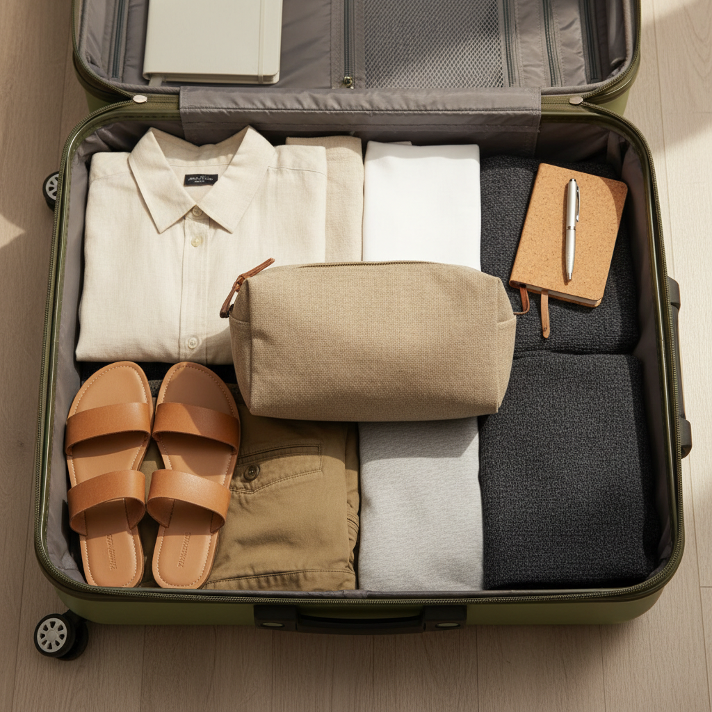 Minimalist travel toiletry bag inside a suitcase